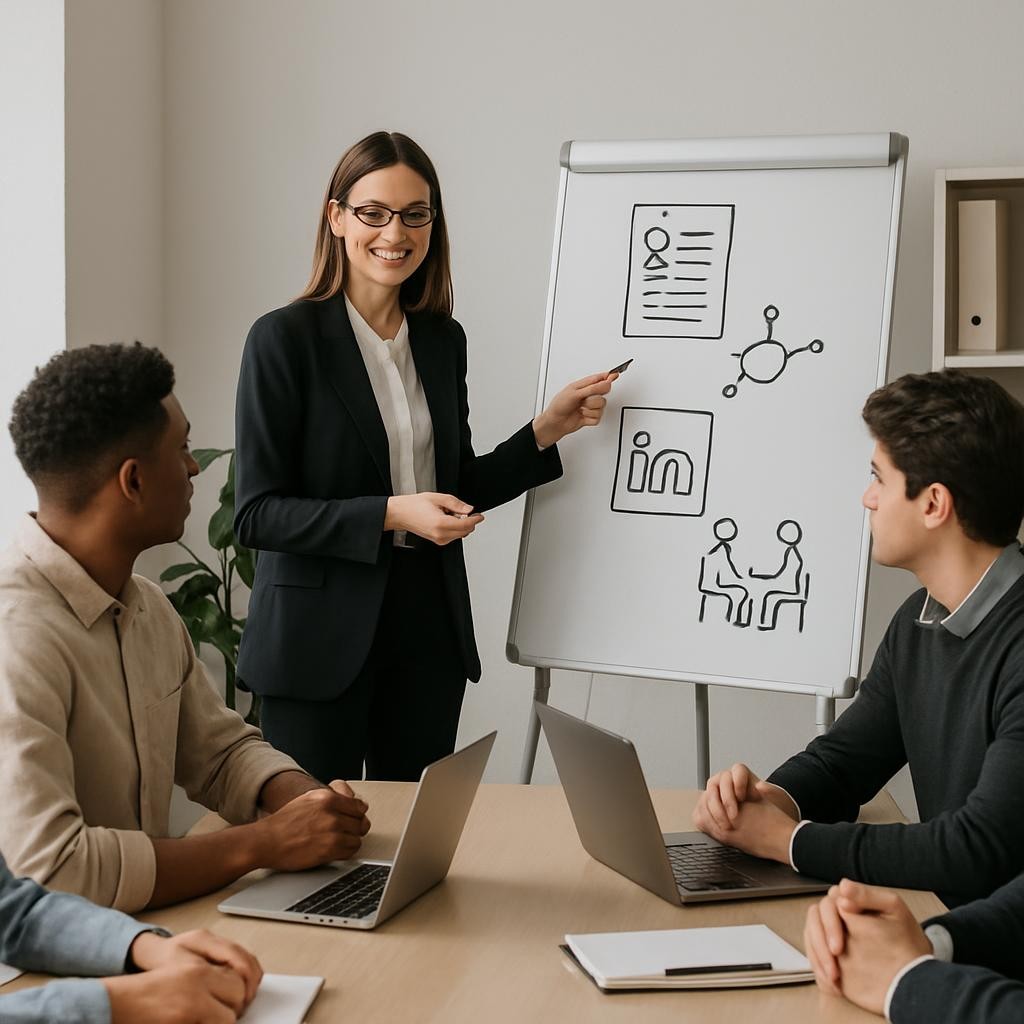 A professional group coaching session illustrating resume building, LinkedIn optimization, and interview preparation for early-career professionals.