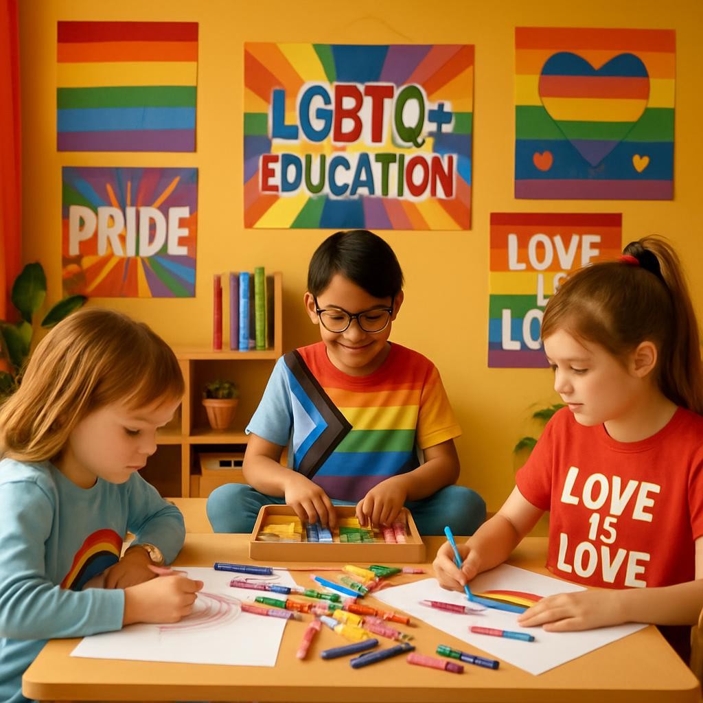An inclusive classroom setting featuring LGBTQ+ students and educational materials, vibrant and welcoming, representing LGBTQ education