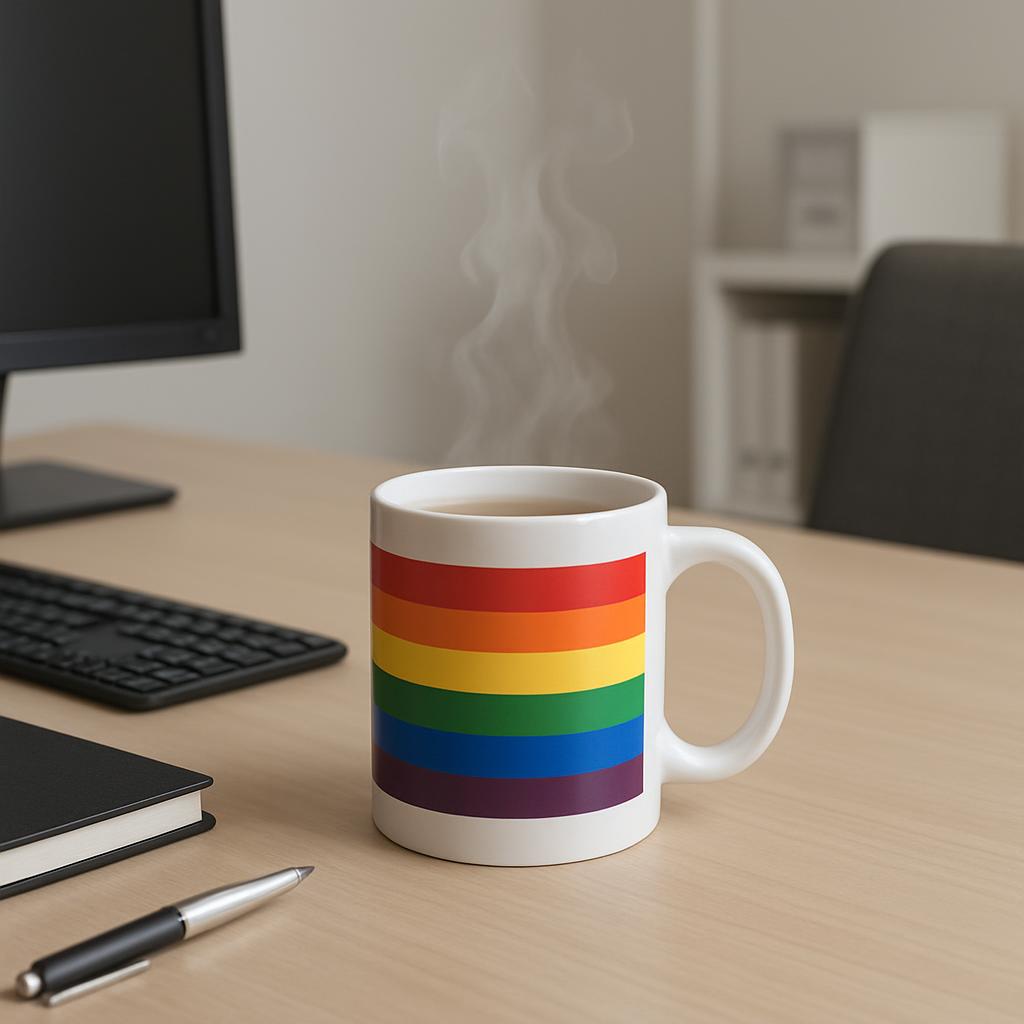 A white coffee mug with a rainbow-colored stripe design sits on an office desk. It is steaming slightly. The coffee mug ha...
