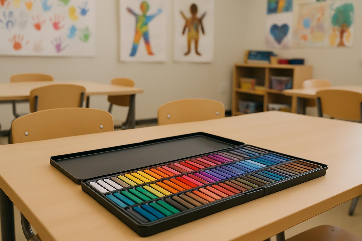An art classroom with a box of pastel crayons on a desk.