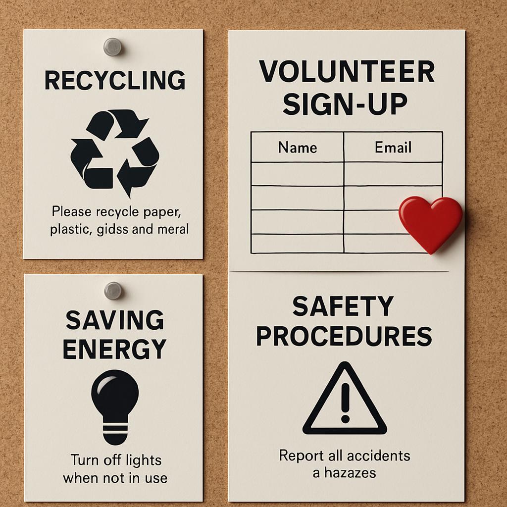 Recycling sign, volunteer sign-up form, safety procedures, and energy-saving light switched off notice on a bulletin board.