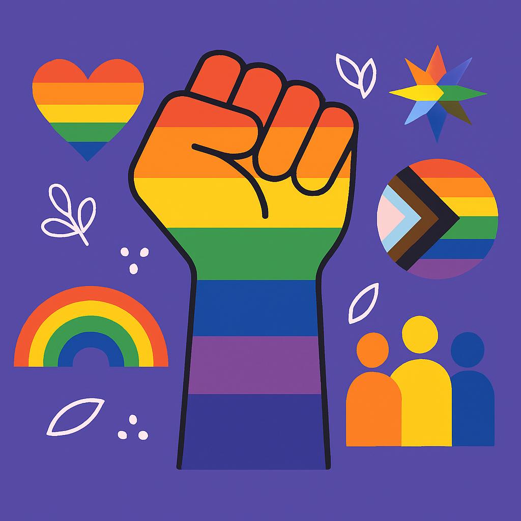 A graphic illustration of a raised fist, rainbow heart, and other Pride-themed decorations on a purple background.